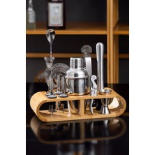 Özgürce Ahşap Standlı 12 Parça Çelik Shaker ve Bar Seti, Barmen Kiti