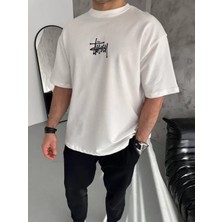 Efnaz Style Unisex Bisiklet Yaka Baskılı Oversize T-Shirt - Beyaz
