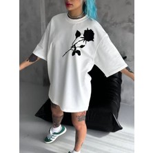Efnaz Style Unisex Bisiklet Yaka Baskılı Oversize T-Shirt - Beyaz