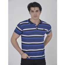 Efnaz Style Erkek Yakalı Slim Fit Dokuma Çizgili T-Shirt - Mavi