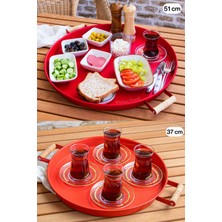 Özgürce 2'li Ahşap Kulplu Metal Yuvarlak Tepsi Seti, Kırmızı, 51CM ve 37CM