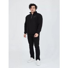 Efnaz Style Erkek Yarım Fermuarlı Baskılı Sweat - Siyah