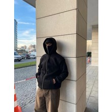 Efnaz Style Samuray Ninja Çift Kapşonlu Zıp Fermuarlı Kanguru Çepli Tam Fermuarlı Hoodie Swetshirt - Siyah