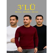 Efnaz Style Erkek Fitilli Triko Kazak 3lü Set Beyaz Bordo Siyah Regular Fit Bisiklet Yaka Triko Seti
