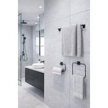 PremiumPort Şık Siyah Kare Banyo Seti, Uzun Havluluk, Halka ve Solo Havlulukler
