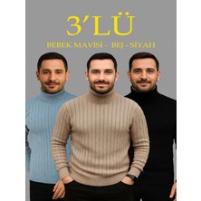 Efnaz Style Erkek Fitilli Triko Kazak 3lü Set Bebek Mavisi Bej Siyah Regular Balıkcı Yaka Tam Boğazlı Triko Seti Modeli Kazak