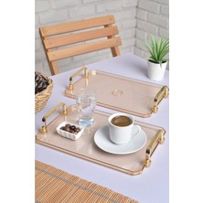 Özgürce Gold Kulplu Türk Kahvesi Sunum Tepsisi 2'li Şık Set 25X17CM