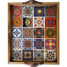 Özgürce El Yapımı Kütahya Çini Desenli Ahşap Tepsi 28X22 Cm, Dekoratif & Servis Için