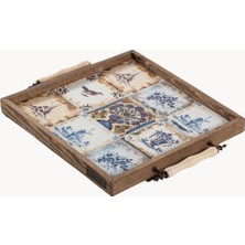 Özgürce Doğal Ağaç Çerçeveli Seramik Çini Servis Tepsisi 32X32 cm