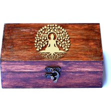 Tamgacrafts Hayat Ağacı Yoga Buda Figürlü Ceviz Rengi El Yapımı Ahşap Kutu Sandık