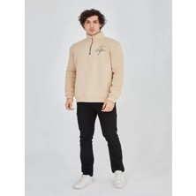 Efnaz Style Erkek Yarım Fermuarlı Baskılı Sweat - Bej