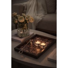 Özgürce Kahverengi Çiçek Desenli Ahşap Tepsi ve Organizer Seti