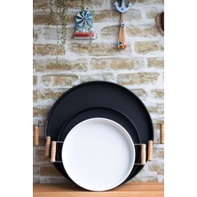 Özgürce 3lü Ahşap Kulplu Metal Tepsi Seti, Çay ve Sunum Için Şık Tasarım