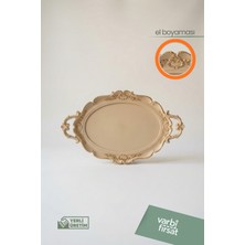 Özgürce Oval Bej Gold Detaylı Büyük Boy Servis Tepsisi 48X28 Cm, Şık Sunum Için