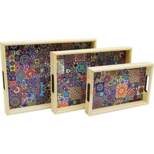 Özgürce 3 Boy Ahşap Tepsi Seti, Desenli Zeminli, Farklı Ölçüler (16X26, 21X31, 24X34)