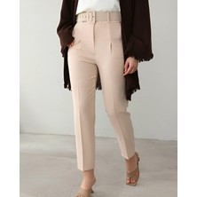 Moda Morfo Kalın Kemerli Kumaş Pantalon   -Krem