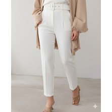 Moda Morfo Kalın Kemerli Kumaş Pantalon   -Ekru