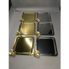 Özgürce Paslanmaz Çelik Kare Sunum Tepsisi, Kelebek Aksesuarlı, Gümüş ve Gold Renkli