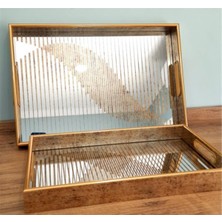 Özgürce Ahşap Kenarlı Desenli Ikili Servis Tepsi Seti, Şık ve Kullanışlı Ev Aksesuarı