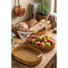 Özgürce Rattan Dekoratif Sepet Seti, Ahşap Saplı Oval Sunum ve Servis Tepsisi