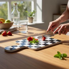 Özgürce El Yapımı Siyah Beyaz Dama Desenli Seramik Kesme Tahtası 35X20 cm