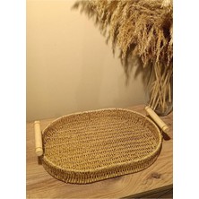 Özgürce El Yapımı Oval Bambu Kulplu Hasır Rattan Tepsi, Şık ve Kullanışlı