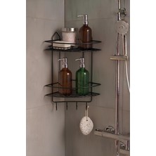 PremiumPort Siyah Yapışkanlı Banyo Köşeliği, 2 Katlı Şampuanlık ve Duş Rafı