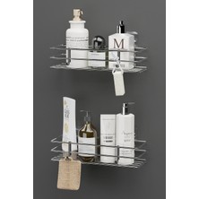 PremiumPort Krom Gümüş Banyo Rafı, 2'li Set, Duş ve Şampuan Organizerli