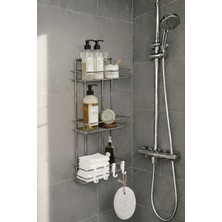 PremiumPort 3 Katlı Krom Banyo Rafı ve Kancalı Şampuanlık Düzenleyici