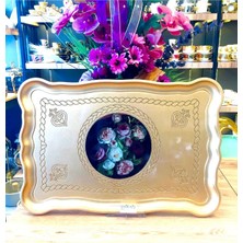 Özgürce Ahşap Dikdörtgen Gül Desenli Sunum Servis Tepsisi 49X33