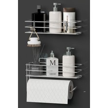 PremiumPort Krom Gümüş 2’li Yapışkanlı Banyo Raf Seti – Kağıt Havlu Askılı & Duş Organizer