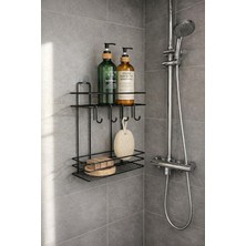 PremiumPort Lüks Siyah Metal 2 Katlı Banyo Rafı, Şampuanlık ve Duş Askısı