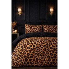 More Home Çift Kişilik Yorgan Kılıfı + Yastık Kılıfı Çarşafsız Dijital Baskılı 3D 3 Boyutlu Leopar Desenli Siyah