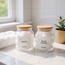 PremiumPort Bambu Kapaklı Cam Kulak Pamuğu ve Pamukluk 500ML, Şık ve Kullanışlı Tasarım