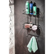 PremiumPort Iki Katlı Siyah Metal Banyo Rafı, Şampuanlık ve Askılı Düzenleyici