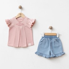 Bebeva Baby Kız Bebek Pudra Pembe Nakışlı Tişört ve Denim Volan Paça Şort 2'li Takım