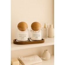 PremiumPort Iki Adet Top Kapaklı Kavanoz ve Ahşap Altlık Seti, Pamukluk ve Kulak Pamukluğu