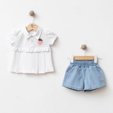 Bebeva Baby Kız Bebek Beyaz Çilek Nakışlı Polo Yaka Tişört ve Denim Volan Paça Şort 2'li Takım