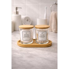 PremiumPort Iki Parçalı Bambu Kapaklı Standlı Banyo Cam Kavanoz Seti, 350 cc