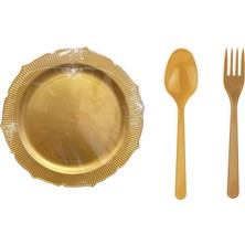 Omeyva Nişan Kına Piknik Altın Sorfa Seti - Sert Mika Plastik - 12 Kişilik Tabak Çatal Kaşık Takımı