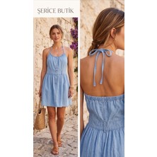 Şerice Kadın Mavi Denim Boyundan Bağlamalı Düğme Detaylı Mini Elbise ( Beden Ölçüleri Açıklama Kısmındadır. )