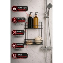 PremiumPort Iki Katlı Siyah Yapışkanlı Banyo Rafı, Metal Duş ve Şampuan Düzenleyici
