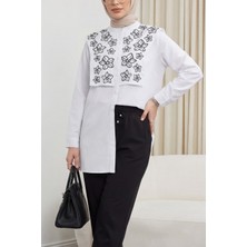 Moda Morfo Plastron Detaylı Nakışlı Poplin Gömlek -Beyaz