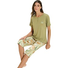 Over Sleep by Poleren Over Sleep 3369 Kadın Yazlık Viskon Büyük Beden Kapri Pijama Takım (L-Xl-2xl-3xl)