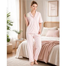Espuar Yumuşak Dokulu Kumaş Gömlek Yaka Önden Düğmeli Kısa Kol Kadın Pijama Takım 770