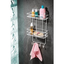 PremiumPort Çift Katlı Metal Banyo Rafı, Şampuanlık ve Askılık, Şık ve Pratik Düzenleme
