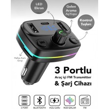 Kılıf House Rgb Işıklı Bluetooth Fm Transmitter Araç Kiti Çift USB + Type-C Çıkışlı Oto Çakmaklık Şarj Aleti
