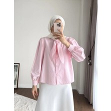 Miraydin Butik Kadın Yakası Bağcıklı Kısa Poplin Gömlek - Pembe