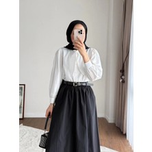 Miraydin Butik Kadın Yakası Bağcıklı Kısa Poplin Gömlek - Beyaz