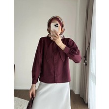 Miraydin Butik Kadın Yakası Bağcıklı Kısa Poplin Gömlek - Bordo